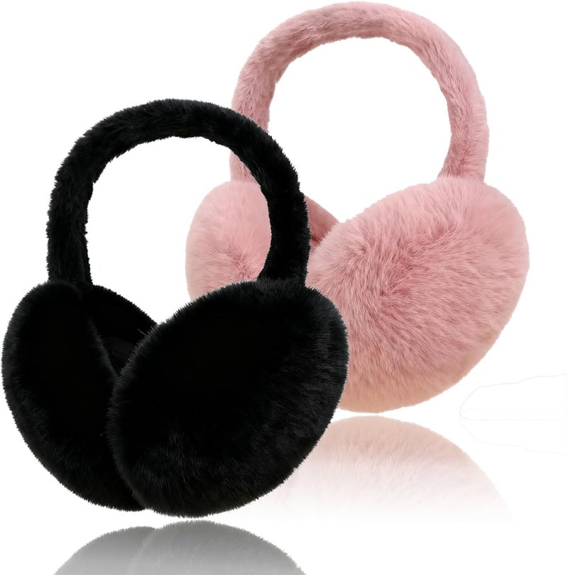 Cisnocr 2pcs Earmuffs for Women Winter White Black Fur Earmuffs Foldable Ear Warmer Soft Ear Covers - Image 1